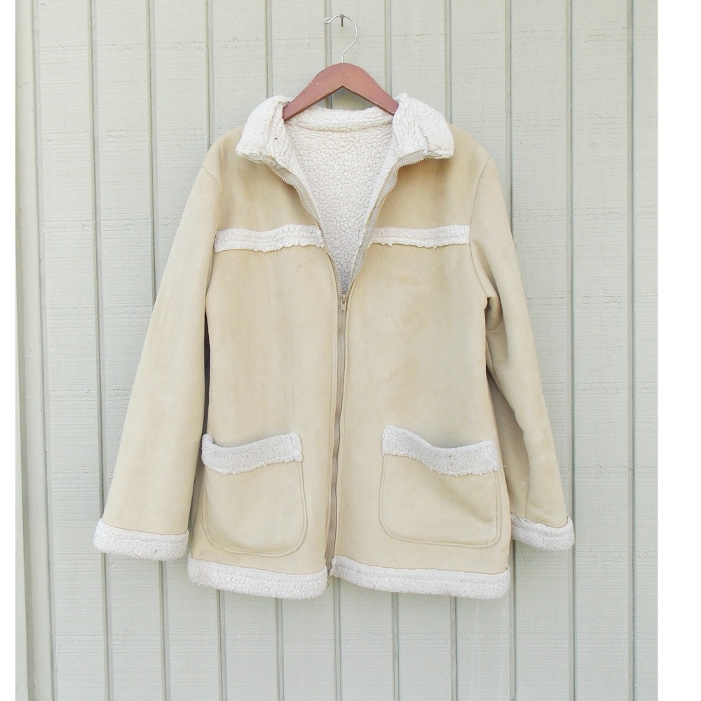 Unbranded Shearling Coat‎ Faux Suede Sherpa Lined Jacket Womens Large Tan Beige